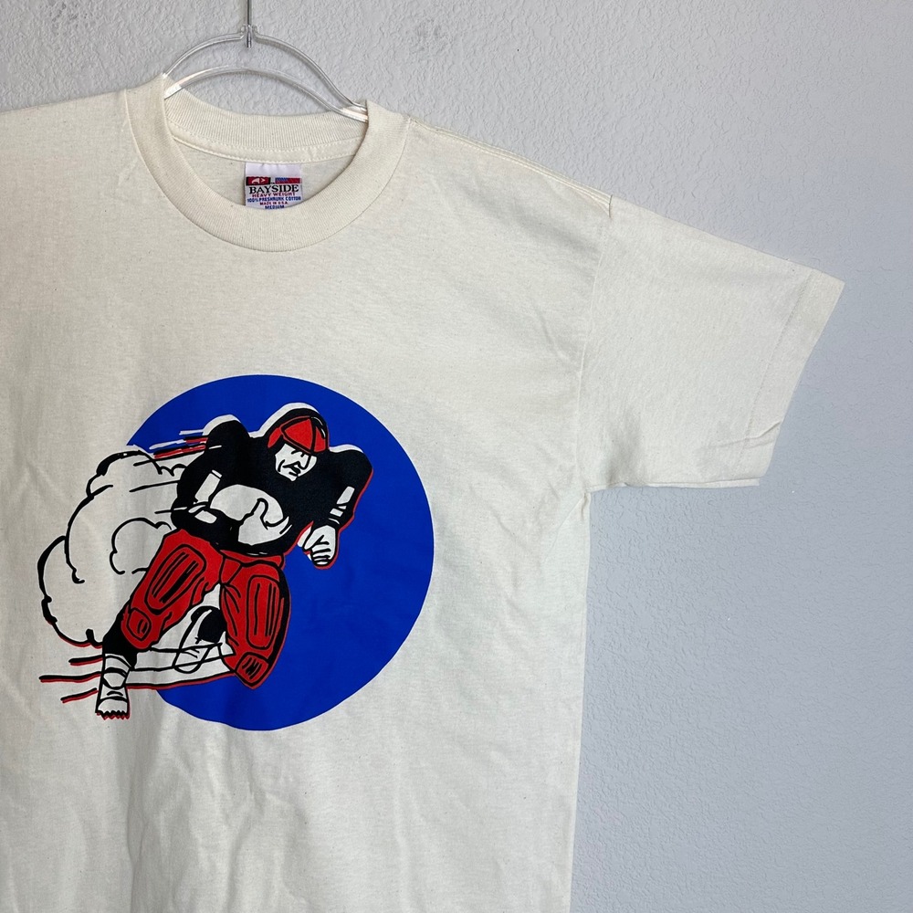 90s Bayside Heavy Weight Football‎ Graphic T-Shirt Mens Medium Cream USA Cotton